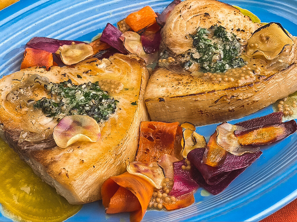 Swordfish with Root Vegetables & Warm Mustard Seed Vinaigrette Family
